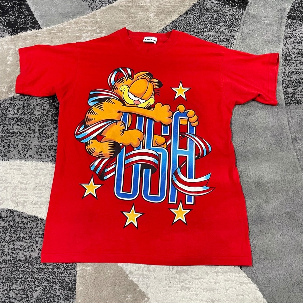 VTG Garfield Jerry Leigh T-Shirt Men XL Red USA Patriotic Graphic Single Stitch